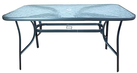 HERSIG - Mesa de Jardin Rectangular de Acero y Vidrio Templado - Mesa Exterior Negra 140x80x70 CM - Mesas de Terraza y Jardín Rectangulares - Mesas para Verano Exterior con Cristal Texturizado