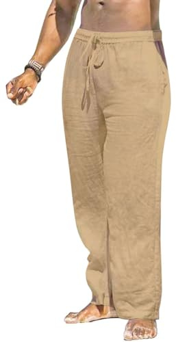 MakingDa Linnebyxor herr fickor lös passform sommar avslappnad lätt dragsko elastisk midja rakt brett ben yoga loungebyxor strand andningsbara mjuka pyjamasbyxor, BEIgE, 38