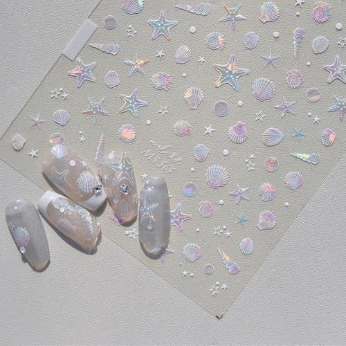 3D Aurora Nagelsticker Sommer Nagelaufkleber,Meerestiere Nail Sticker,Fantasie Dekoration Geprägt Art Nagelsticker,Niedlich Muscheln Seesterne Summer Sticker Charms Nägel,für Girl Handbuch Diy