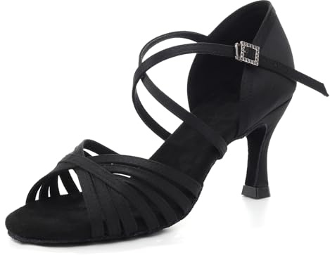 YCALCP Zapatos de Baile Latino Mujer con Puntera Abierta de para Salsa y Bachata de Salón con Tacón de 7.5 cm,Negro,37.5EU