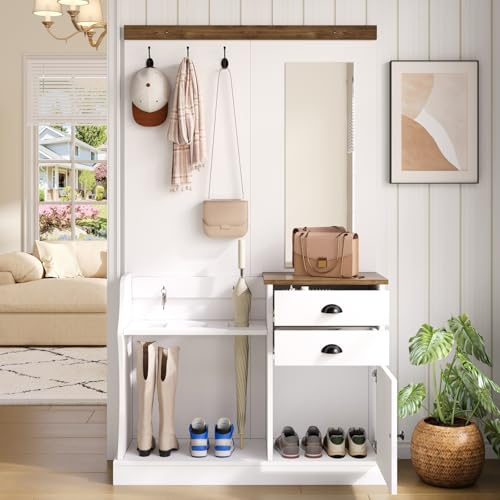 PUGSDRLY Ensemble de vestiaire Comprenant Un Miroir,Un Ensemble Porte-Manteau Comprenant Un Miroir, des Crochets, des tiroirs et Un Porte-parapluies (White, 110.5 x 38 x 191cm)