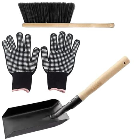 Juego de Herramientas para chimenea, pala, escoba, guantes, hogar de ceniza de Metal, estufa de leña, 3 uds.