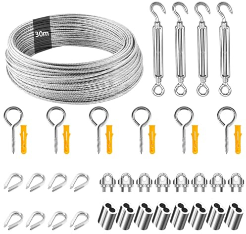 30m Cable de Acero Inoxidable, 3mm Cuerda Alambre Acero PVC Revestida con con M5 Tensores, Alambre de Jardín para Plantas Trepadoras, Colgar Luces De Cadena, Soporte Planta