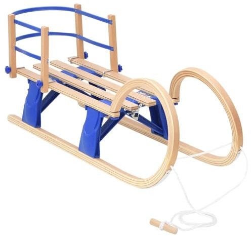 Teenpull Slittino pieghevole in compensato con schienale e corda da traino, slitta in legno lunga 110 cm per bambini e adulti, include pattini in metallo per discese veloci in inverno