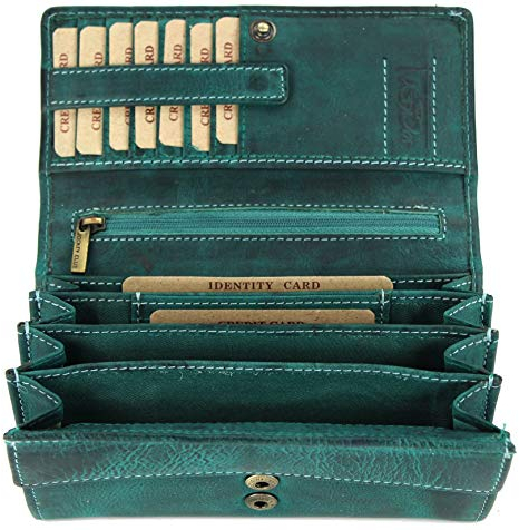Belli hochwertige Vintage Leder Damen Geldbörse Portemonnaie langes großes Portmonee Geldbeutel aus weichem Leder in Petrol - 17,5x10x4cm (B x H x T)