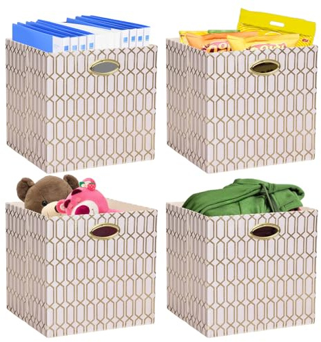 Posprica Storage Bins, Storage Cubes,13×13 Fabric Drawers Organizer Basket Boxes Containers (13×13×13/4pcs, Cream/gold geometry Pattern)