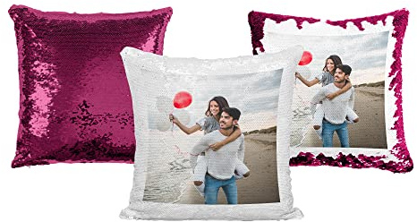 Print Maniacs Personalised Hot Pink Sequin Cushion Cover Magic Reveal Photo Printed Gift Custom Pillow (Hot Pink, With Pillow)