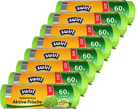 8 x Swirl aktiv fräsch soppåse 60 l med dragband, grön (8 rullar x 8 påsar/rulle = 64 påsar)
