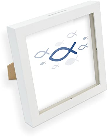 itenga Geldgeschenk I Spardose I Fisch Blau Kommunion Konfirmation I Gutschein I Bilderrahmen zum Befüllen I Geschenkverpackung I inkl. Einleger und Briefumschlag zum Dekorieren