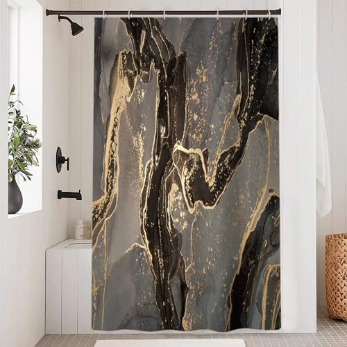 Uiiooazy Duschvorhang Shcwarz Gold, Duschvorhang 120x180cm Anti Schimmel Marmor Optik Grau Braun Marmoriert Duschvorhänge Stoff Waschbar Wasserdicht Polyester Bad Vorhang mit 8 Haken für Badezimmer