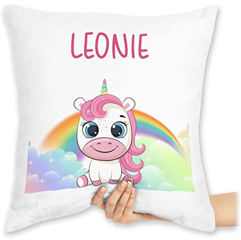 Kissen 40x40 Zierkissen - Einhörner - Süßes Einhorn mit Name personalisiert I Unicorn - 40 x 40 cm - Weiß - einhornkissen Unicorns Kita Einhorn-Kissen einhörnern Regenbogen kuschelkissen