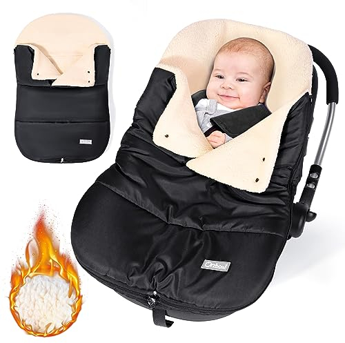 Orzbow Fußsack Babyschale Winter, Universell Einschlagdecke Babyschale Winter mit Verstellbarem Kragen, Warmes Berbervlies Futter, Reißverschluss, passend für Maxi-Cosi, Cybex, Römer usm. (Schwarz)
