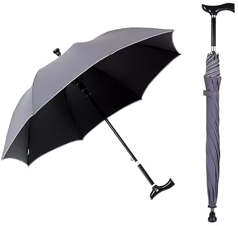 AVIITI Gehstock Regenschirm, Multifunktionaler Krückenschirm Mit 5 Stufen Und Einfacher Höhenverstellung, Rutschfester Kletterstock Sonnenschirme,Grau,83~92cm/33~36inch