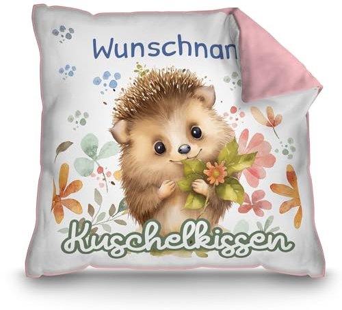 Print Royal PR Personalisiertes Kuschel-Kissen für Kinder mit Füllung - mit Name selbst gestalten - Igel Kissen für Mädchen und Jungs, Kinderkissen mit Name | 40 x 40 cm, Rückseite Rosa