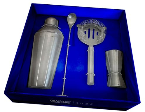 Juego Coctelería Profesional Silvano, 4 Piezas Accesorios Premium, Coctelera Acero Inoxidable 500 ml, Kit Colador y Mezclador Completo, Cocktail Shaker Set