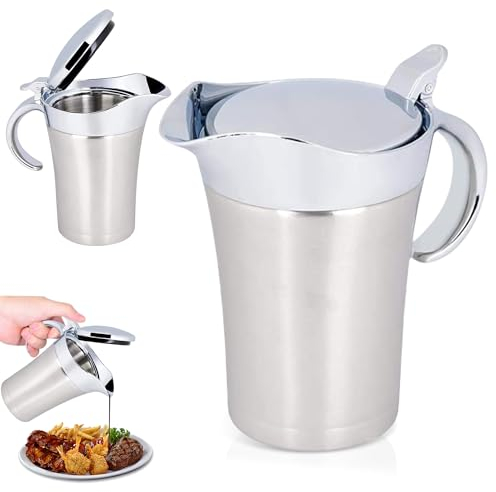 WANDGU Salsera térmica de acero inoxidable: 750 ml, doble aislamiento, jarra de salsa de acero inoxidable 304, recipiente para salsas con tapa, elegante jarra para salsa de vainilla, nata, salsa