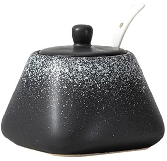 Sucrier en céramique, pot à sucre de 430 ml avec couvercle et cuillère, pot à épices pour sel, sucre, café, thé, condiments, boîte d'assaisonnement pour la maison, la cuisine, le café, le bar – Noir B