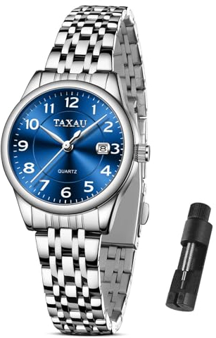 Taxau Frauen Edelstahl Uhr Mode Blaues Zifferblatt Analoge Quarzuhr mit Datum Klassische wasserdichte Kleid Armbanduhr Reloj para Mujer