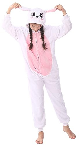 WAFUNNE Animal Onesie Costume for Kids Child Boys Girls Womens Mens Cosplay Halloween Costumes Easter Onesies White Pink Rabbit 130