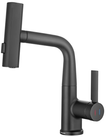 LakeBayMZC Wasserhahn Bad mit Brause Ausziehbar,Waschtischarmatur für Aufsatzwaschbecken mit 3 Wasserstrahlarten Brause ausziehhar,Mischbatterie Bad Höhenverstellbar,Schwarz Matt