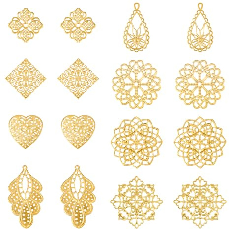 Sparkeads 48 ciondoli in filigrana a forma di cuore con fiore dorato, in ferro, cavi, vintage, per collane da donna, orecchini pendenti, gioielli, fai da te, decorazione a forcina, metallo, no,,