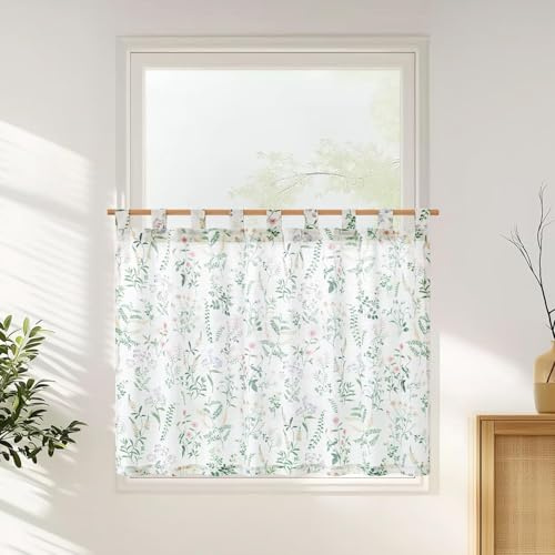jinchan Linen Kitchen Curtain Floral Tier Curtain 36 Inch Farmhouse Cafe Tab Top Botanic Small Window Drape for Farmhouse Cottagecore Laundry Bathroom Living Room Light Filtering 1 Panel Sage Green