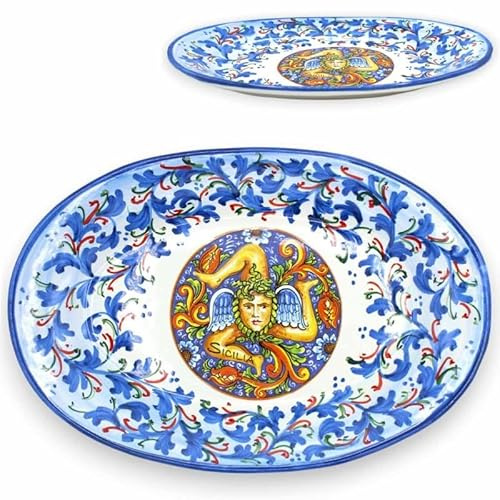 SICILIA BEDDA CAPACI Vassoio Ovale con Trinacria in Ceramica Siciliana, Piatto da Portata, L 30 x 20 cm ca. (1Unità) Due opzioni Decoro - Decoro 2
