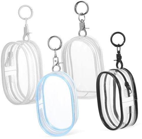 GARVALON 4 Pcs Figure Display Bag Set with Keychain for Collectors Small Doll Storage Pouches in Black White Blue and Plastic for Travel and Toy Organization