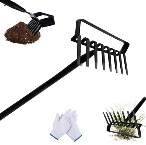 8-Tines Rake and Stirrup Hoe, Metal Garden Tiller Rake with Adjustable Long Handle, Action Scuffle Loop Hoe for Weeding, Digging, Loosening Soil