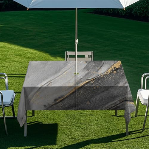 Highdi Tischdecke mit Loch in der Mitte, Abwaschbar Rechteckig Tischdecke mit Schirmloch Outdoor Tischdecke mit Reißverschluss Gartentischdecke für Sonnenschirm (213x152cm,Blaue Murmel 1)