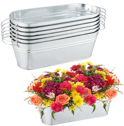 6 Pack Galvanized Planters for Outdoor Plants Galvanized Oval Planters Tub Galvanized Buckets with Handles & Drainage Holes Metal Pail Flower Pot for Herbs, Succulents, Wedding or Tabletop Decor