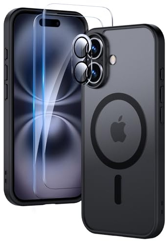 Yohii Funda Magnética para iPhone 16 con 2 Piezas Cristal Templado y 1 Protector Cámara, Compatible con mag-Safe, Grado Militar Carcasa Translúcida Mate Trasera Fina Antigolpes (Negro)