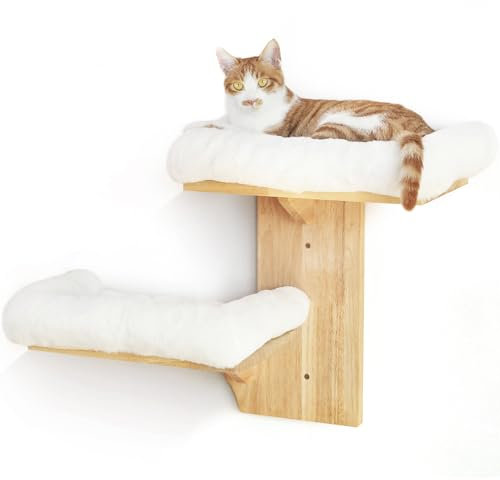 FUKUMARU Cat Wall Shelves, 2 Platform Cats Wall Furniture, Tree Shape Wall-Mounted Floating Shelf with Soft Cushion, Solid Rubber Wood Cat Perch for 16 Inch Drywall, Suitable for Climb, Play, Nap