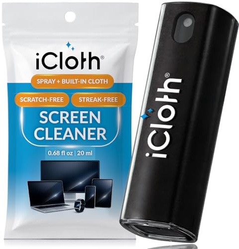 iCloth 2-in-1 Screen Cleaner Spray with Built-in Microfiber Cloth for Laptops, Tablets, Phones, Car Screens, and Touchscreens, Streak-Free & Anti-Smudge, Large 0.68 fl oz (20ml) Bottle