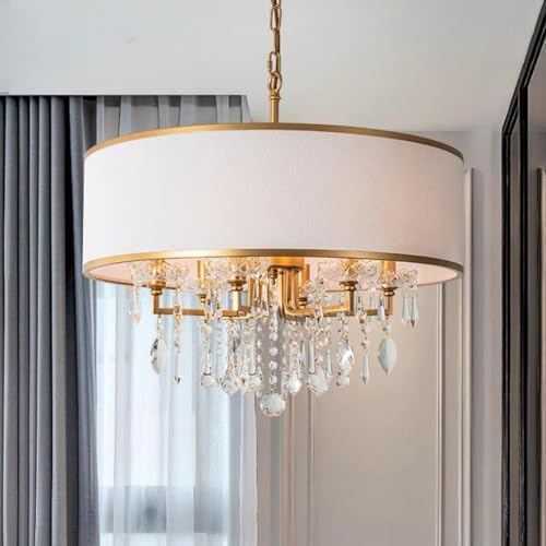 Traditional White Round Chandelier Crystal Pendant Ornament Compatible with Dining Room 6-Lights Adjustable Chain Drum Light Fixture,Chandelier