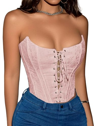 Benfoly Haut corset noir pour femme, bustier sans bretelles dos nu à lacets, débardeur court sans manches, haut sexy d'été pour sorties, Y2K, rose, Large