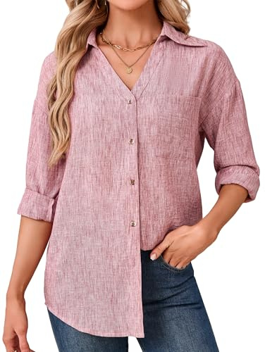 Enmain Blusa Mujer de Lino y Algodón Manga Larga Camisa Rosa Femenina Cuello en V Camisas Verano Casual Elegante Cómoda Corte Regular Tallas M Ideal para Oficina Trabajo