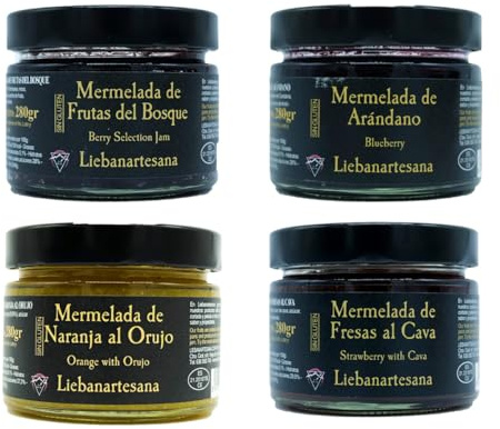 LIEBANARTESANA Arándanos, Fresa al Cava, Frutos del Bosque y Orujo | Pack 4 x 280 g, Mermeladas Artesanales, Elaboración Natural, Producto de Cantabria, Gourmet