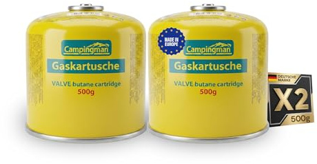 Campingman Gaskartusche 500g mit Schraubventil EN 417 – Butangas für Campingkocher, Weber Grill & Camping – Universal Schraubkartusche (2 x 500g)