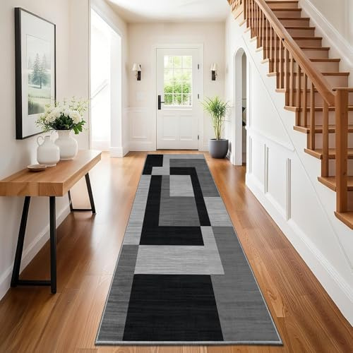 Hafaa Carpet Runners for Living room Black and Grey Runner Rugs for Hallway Non-Slip long 80 x 300 cm – Geometric Pattern Modern Low Pile Bedroom Carpet (Milo Black and Grey-1)