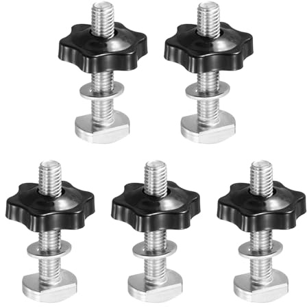 PATIKIL T Bolzen Set, 5 Satz Edelstahl Hammerkopfschrauben M8 x 45mm mit Sterngriffmutter 32mm / Unterlegscheiben M8, T Nut Schrauben mit Muttern für Holzwerkzeug Klemme, Silber Schwarz