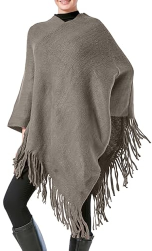 Poncho Suéter de Mujer 2025 Invierno Otoño Cuello en V Sólido Tejido Pullover Capa Chal Ligero Elegante Envoltorio con Flecos para Mujeres, café, Altoa única