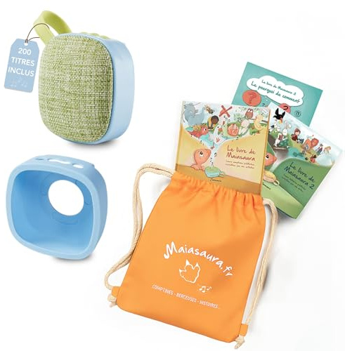 MAIASAURA - Coffret Cadeau Boite à Histoires et Musique pour Enfant avec 200 Titres Inclus, Une Coque de Protection, Un Sac et 3 Livres | 10H d'écoute | Personnalisable avec Vos Propres Contenus MP3
