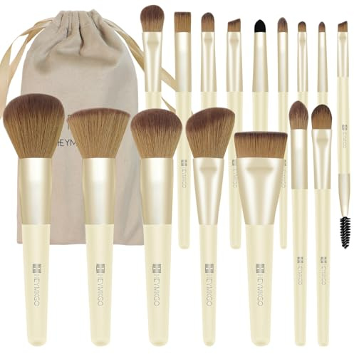 HEYMKGO Set de pinceaux de maquillage 16 pièces avec sac en velours, pinceaux professionnels pour fond de teint, correcteur et visage avec poignée en bois - Set complet pour maquillage parfait