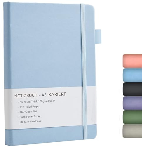 Notizbuch A5 Kariert, Notebook a5 mit Premium 100GSM Papier,192 Seiten | Journal Hardcover mit Innentasche, Elastisch Gebändert, Notizblock für Grafik, Planung, Lernen, 14,5x21,3 cm (Blau)