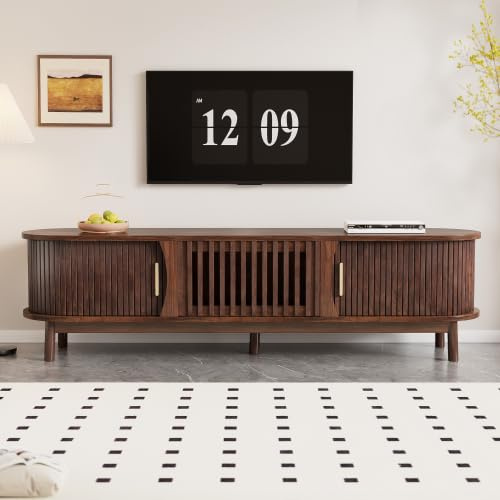 Merax TV Schrank Lowboard, 165 x 39,5 x 46 cm, Retro Brauner TV Board mit Schiebetüren & Klapptür, Stabiler TV Ständer für bis zu 65 Zoll, Wohnzimmer Möbel mit 5 Stützbeinen