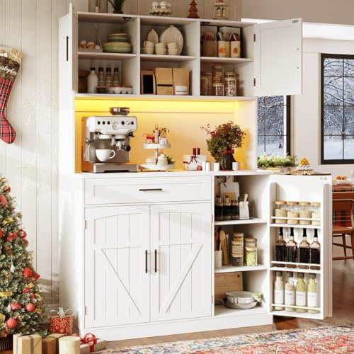 ECLIVON Küchenschrank Hoch 180 mit LED Lichtleiste & USB Buchse, Hochschränk Vorratsschrank mit Türen und Stauraum Schubladen für Wohnzimmer, Küchenbuffet Buffetschrank für Esszimmer, Weiß