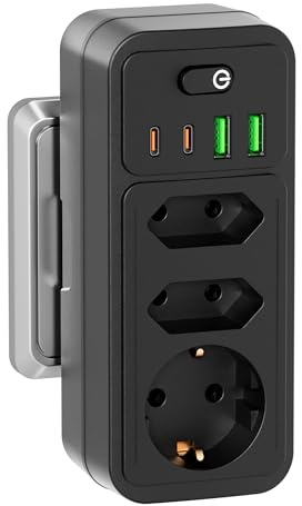 7 in 1 Steckdosenleiste mit 4 USB, 3 Fach Mehrfachsteckdose mit 2 USB-C(1 Schuko + 2 Euro), Mehrfachstecker Steckdosenadapter mit Schalter, USB Steckdose Ohne Kabel für Büro, Haushalt, Reise
