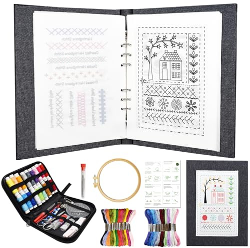 Yiomxhi Libro de Puntada de Bordado Bricolaje, Kit Herramienta de Costura Portátil con Colores de Hilo, Agujas de Coser, Aro, Uía, Embroidery Stitch Book para Adultos Principiantes