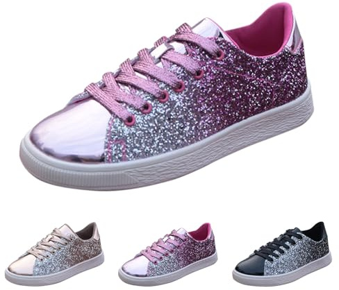 Glitterkostym dam karneval glitterskor för dam sneakers platta låga fritidsskor ventilerande joggingskor bekväma barfotaskor färgglada paljetter promenadskor löparskor, ROSA, 37 EU